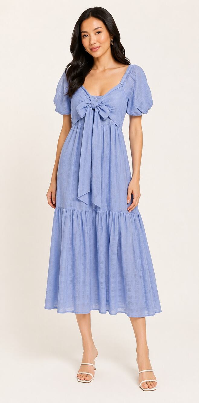 English Factory Tie Bow Front Puff Sleeve Tiered Midi Dress Blue Womens Medium